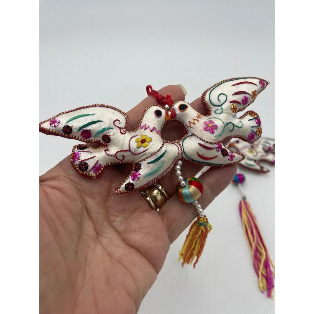 Dove Ornament Pair Embroidered Birds Tassels Hanging‎ Decoration Boho Chic
